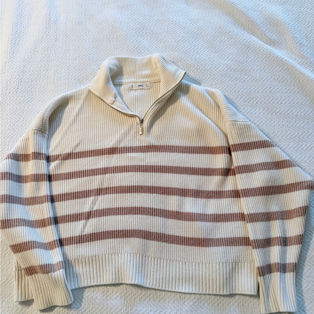 Mango Chic Cream and Brown Striped Turtleneck Sweater With Zipper Size XS